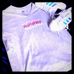 Cute Sporty Core Adidas Grey Pink Red Logo‎ Cotton Blend Tee Size L